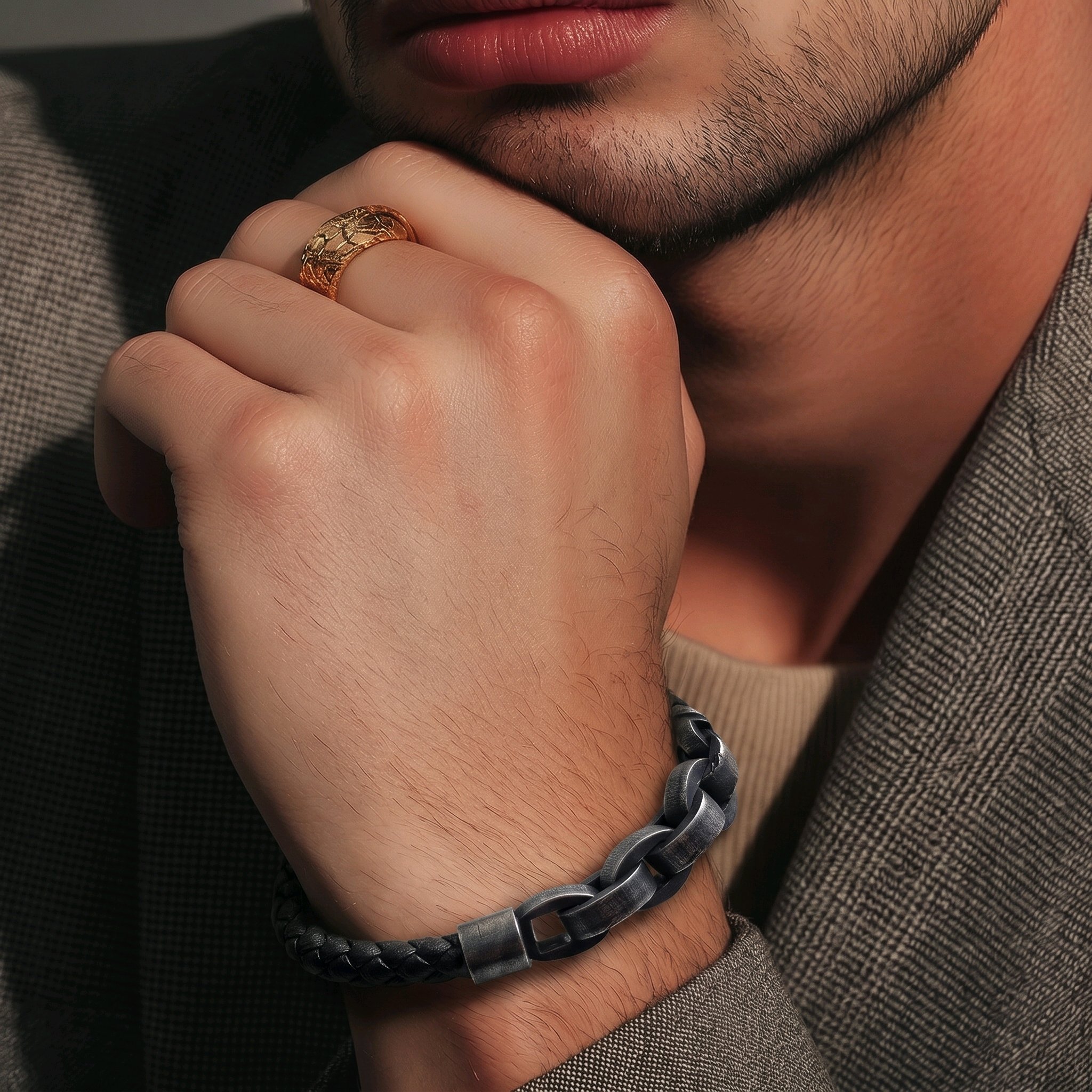 Bracelet "Héritage"-Cuir Tressé & Maillons Acier Vieilli – Image 4