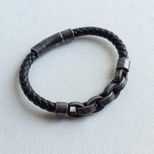 Bracelet "Héritage"-Cuir Tressé & Maillons Acier Vieilli