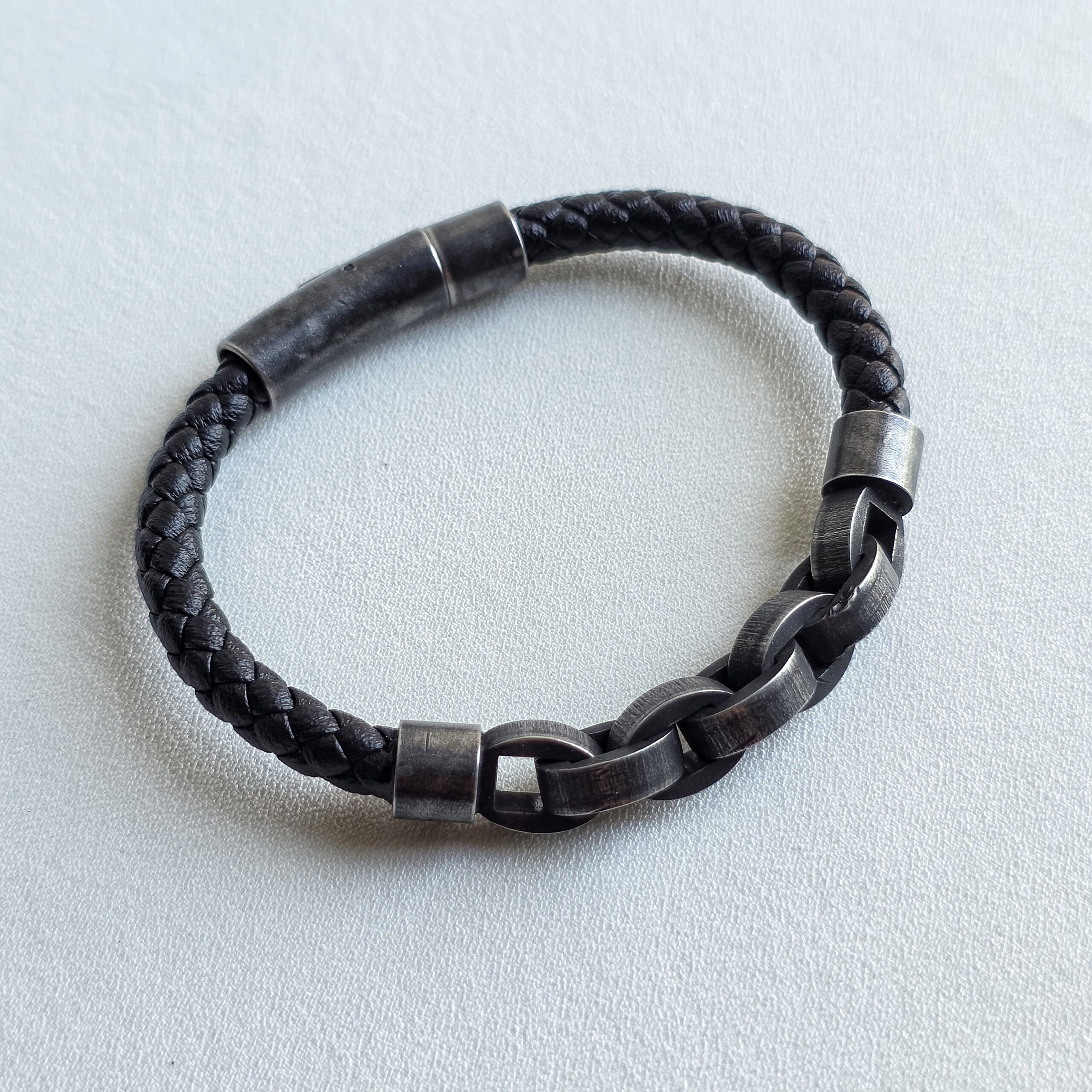 Bracelet "Héritage"-Cuir Tressé & Maillons Acier Vieilli