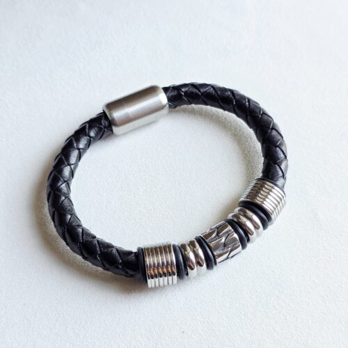 Bracelet "Silver Rhythm"-Cuir Tressé & Anneaux d'Acier
