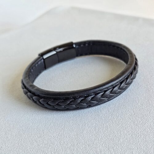Bracelet "Obsidienne"Cuir Double Texture & Finition tressée