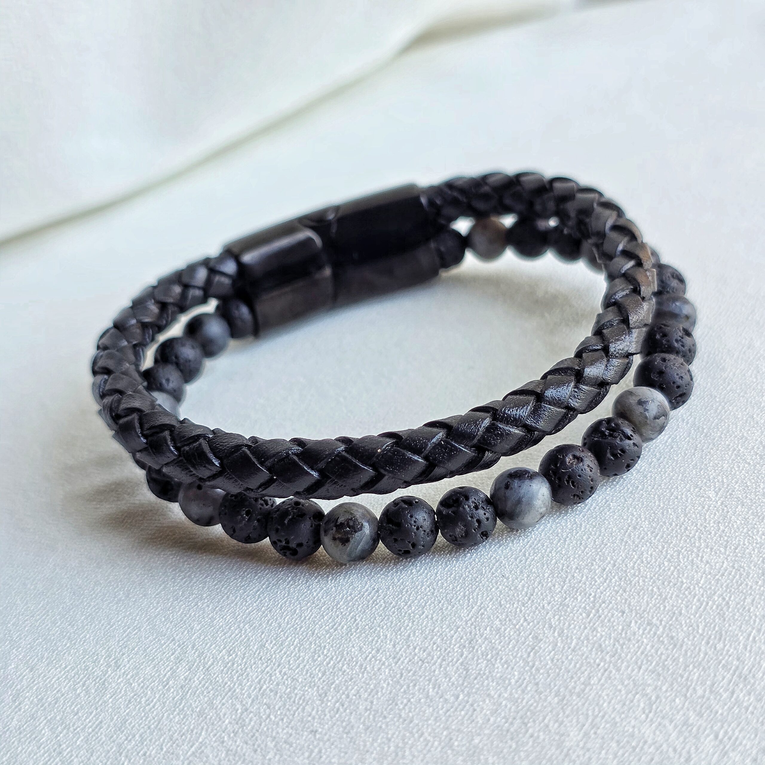 Bracelet "Obsidienne & Cuir Tressé" – L'Équilibre Élémentaire