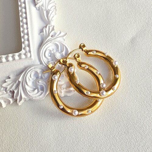 Boucles d'oreilles "Aurélia" créoles perlées / acier plaqué Or