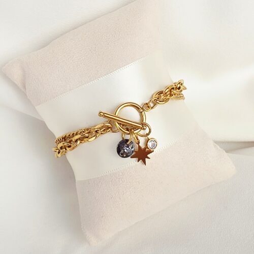 Bracelet " Comète" Chaîne Multirangs avec Charms Étoile et Cristal noir